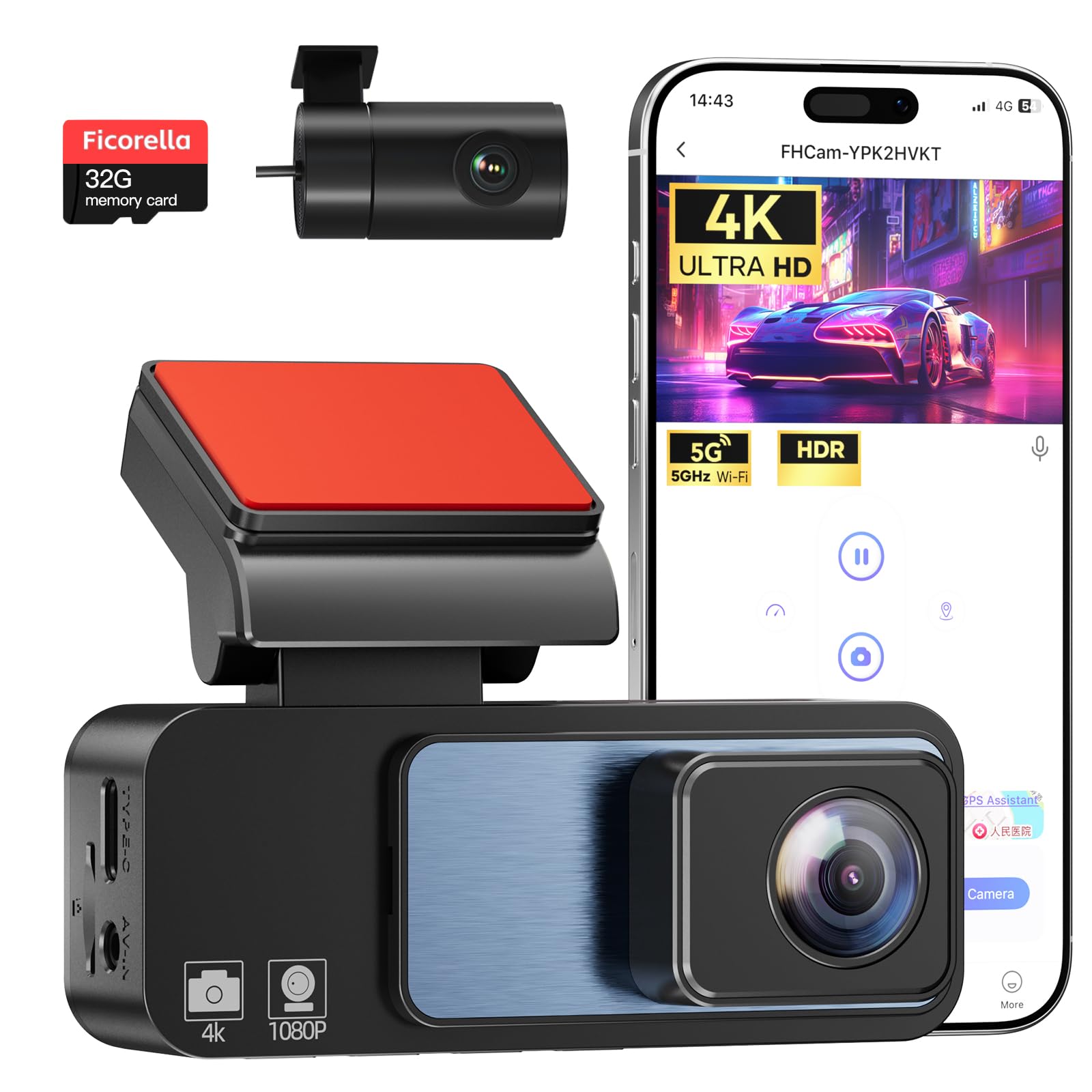 Photo 1 of 4K Dash Cam Front and Rear 3.2in HD Wireless Mounted Camera for Cars,Built-in 5GWiFi&G-Sensor,Super Night Vision,HDR, Loop Recording App Control 24 Hours Parking Monitor Included 32GB Card
