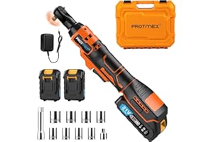 Protmex 3/8'' Cordless Ratchet Wrench, 60FT-LBS (80N.m) Electric Ratchet with 21V 2 X 2.0Ah Battery, 400 RPM Chargeable Power Ratchet Driver Set with 8 Sockets,1/4 Adaptor, 3" Extension Bar