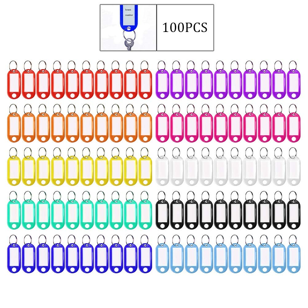 Pengxiaomei 100pcs Key Tags - 10 Colors, Plastic Luggage ID Tags with Ring - Key Rings