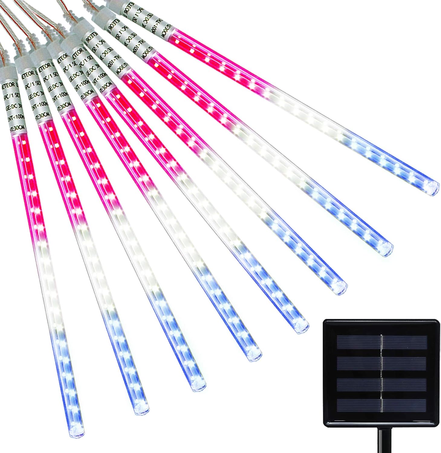 Lalapao Solar Outdoor String Lights Meteor Shower Rain Lights Falling Raindrop Light Red White and Blue 8 Tubes 288 LED Cascading Fairy Lights for Tree Garden Independence Day ,July 4th Decor…