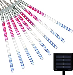 Lalapao Solar Outdoor String Lights Meteor Shower Rain Lights Falling Raindrop Light Red White and Blue 8 Tubes 288 LED Cascading Fairy Lights for Tree Garden Independence Day ,July 4th Decor…