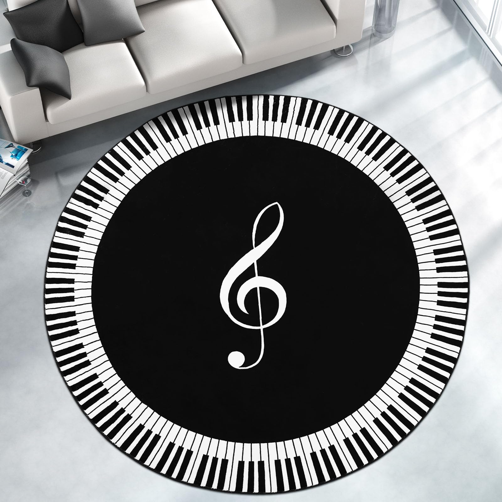 Betadistor Black Round Area Rug Luxury Piano Music Notation Pattern Floor Rugs Machine Washable Carpet Floor Mat Non Slip Soft Circle Carpet Rug for Living Room 406-01120