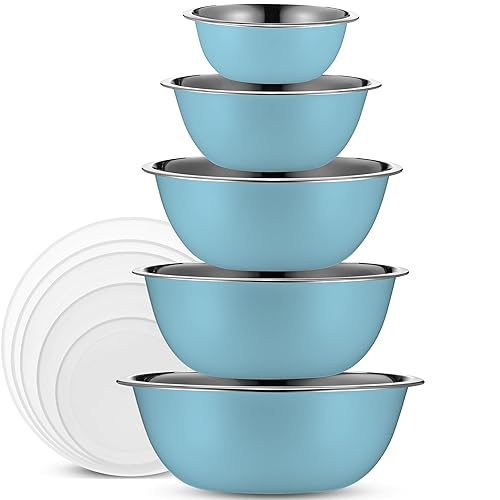 WHYSKO Stainless Steel Mixing Bowl Set, 10 Piece Stainless Steel Mixing Bowls with Lids Set for Food Prep Storage and Serving, Dishwasher Safe for Kitchen Baking Cooking, Light Blue