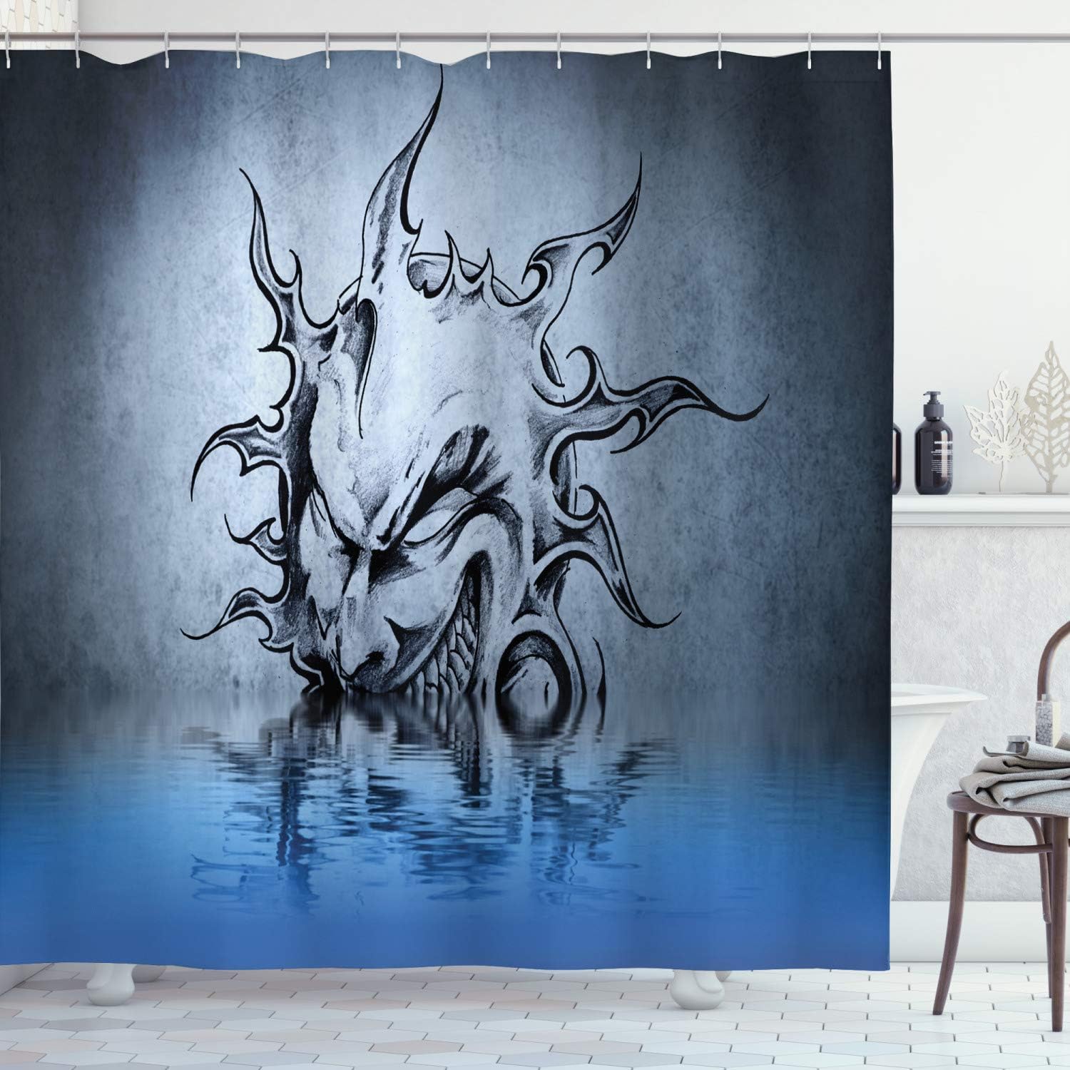 Amazon Com Ambesonne Tattoo Decor Shower Curtain By Sun With Poker Joker Face Character Fictional Evil Reflection On Water World Fabric Bathroom Decor Set With Hooks 84 Long Extra Blue Grey Home