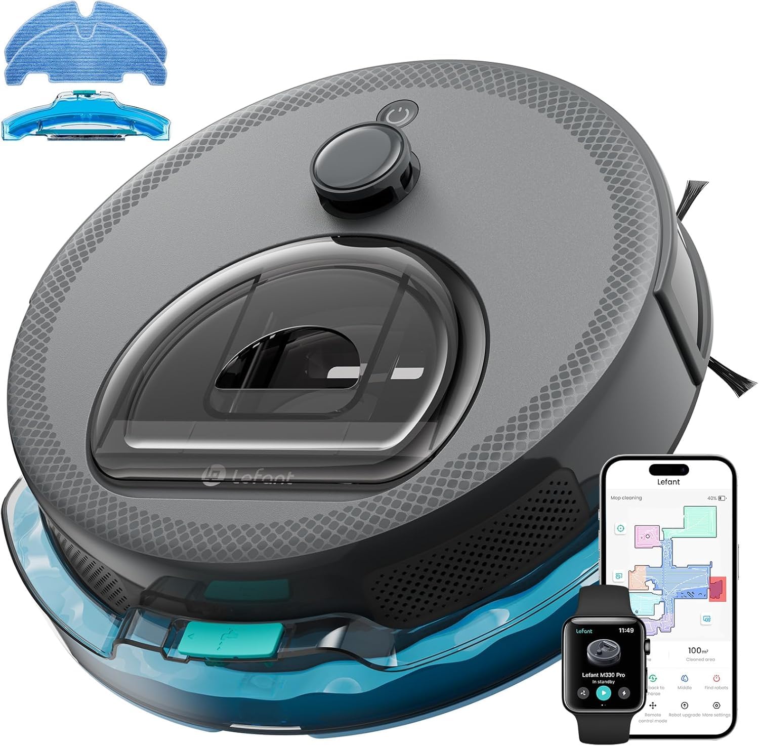 Photo 1 of Lefant LiDAR Robot Vacuum and Mop, Smart Mapping and Obstacle Avoidance, Tangle-Free Pet Hair, 2.4G/5G WiFi App Control, Slim Design for Wider Coverage, Carpet Detection, M330 Pro, Grey