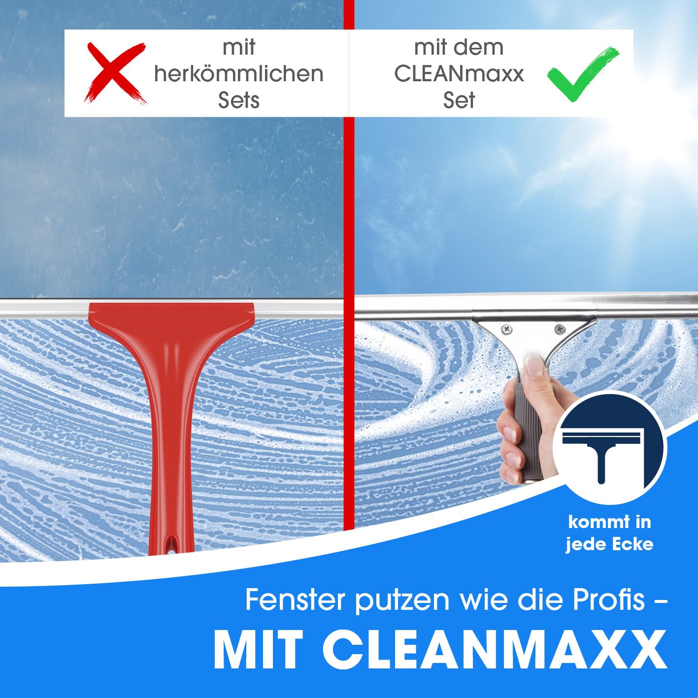 CLEANmaxx Fensterreiniger Set | 7-TLG. Fensterputzer Set für Oberflächen in Haus & Auto - inklusive Fensterabzieher, Fensterwischer, Reiniger, Wischtuch, Eimer und Halterungen für Wischer & Abzieher 4
