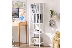 YUFAM 54in Tall Bookshelf 5-Tier Small Narrow Bookcase, Skinny Book Shelf for Small Space, Farmhouse Slim Shelf with Storage, Wood Freestanding Display Thin Bookshelves for Living Room, Office, White