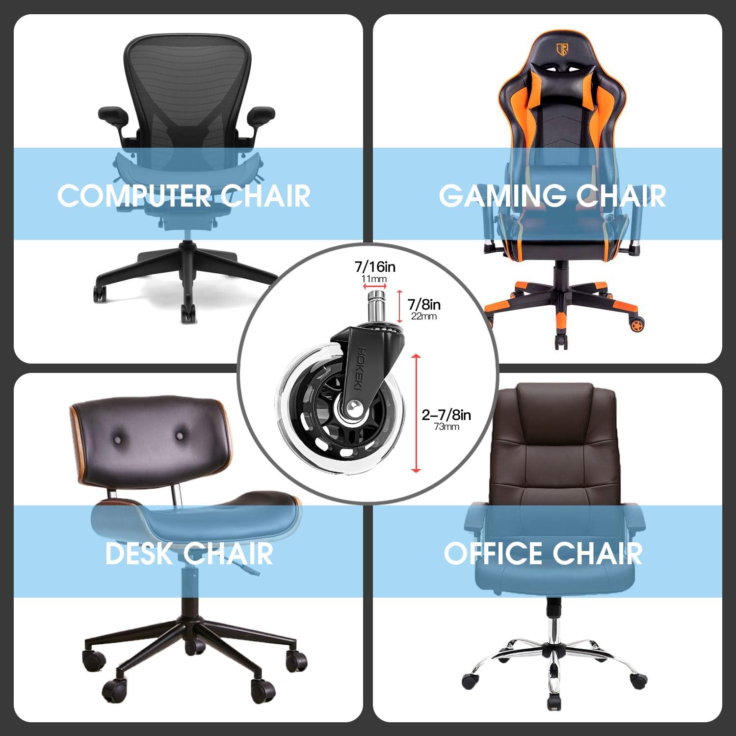 HOKEKI Office Chair Wheels, Heavy Duty Casters Set of 5, Caster Wheels 3 Inch Fit for Most Desk Chair, Gaming Chair, Computer Chair, Rubber Replacement Casters Safe for All Floors(Hardwood, Carpet) : Office Products