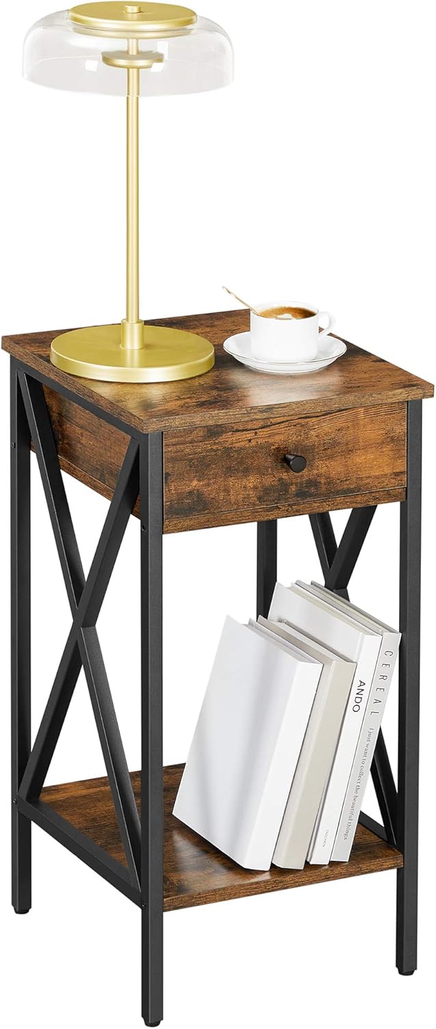 tall end table with shelves on Furniture Tall Night Table With Drawer And Storage Shelf Side Table End Table Vasalge Vincyer Nightstand Industrial Rustic Brown And Black Ulet501b01 Home Kitchen