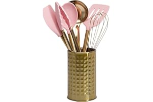 Paris Hilton Kitchen Set Tool Crock with Silicone Cooking Utensils, Stainless Steel Whisk and Ladle, 7-Piece, Pink and Gold