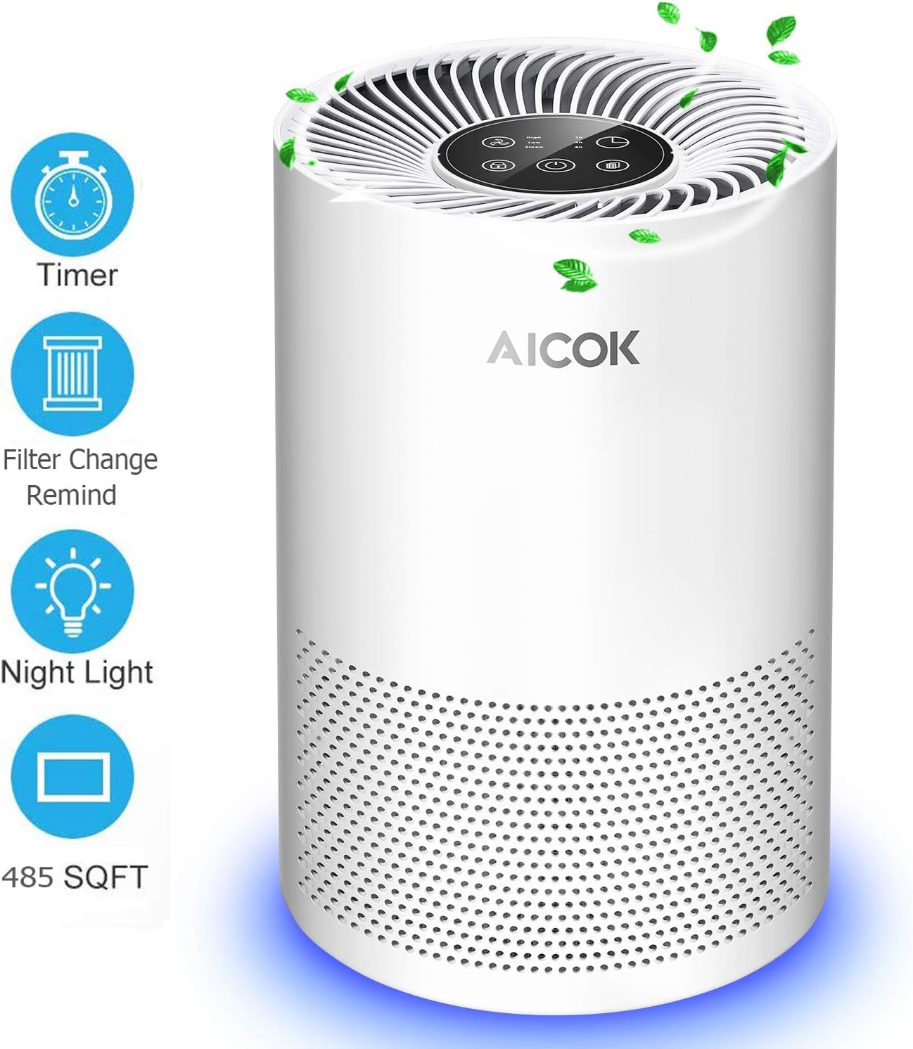 AICOK Air Purifier for Home Smokers and Pets Hair, True HEPA Filter, Quiet in Bedroom, Filtration System Cleaner, Odor Smoke Dust Eliminator, Night Light, 2-Year Warranty