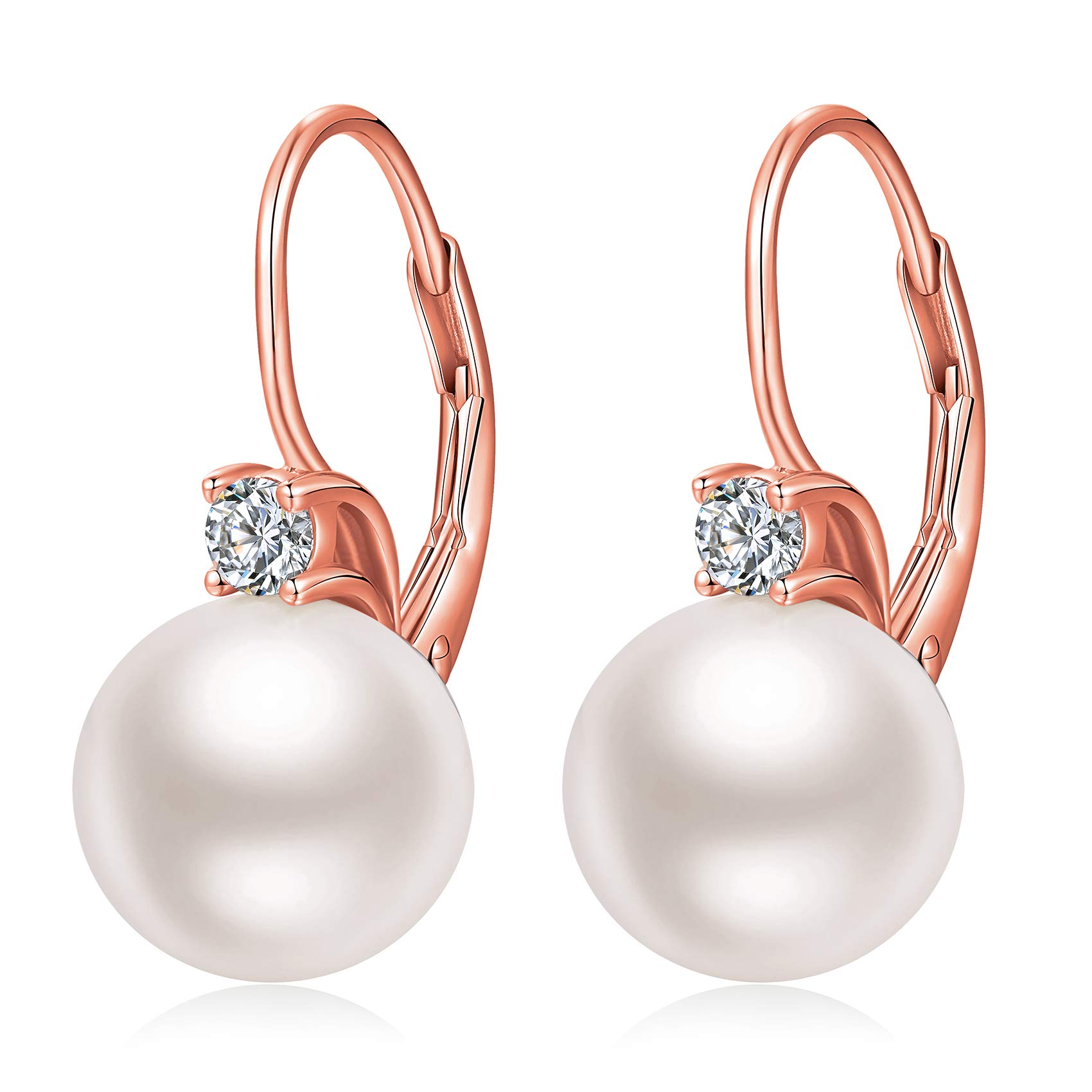 Pearl Earrings, Pearl Dangle Earrings Pearl Leverback Earrings Sterling Silver Pearl Drop Earrings for Women Rose Gold Plated Pearl Earring Imitation Pearl Earrings Women Diamond Pearl Earrings