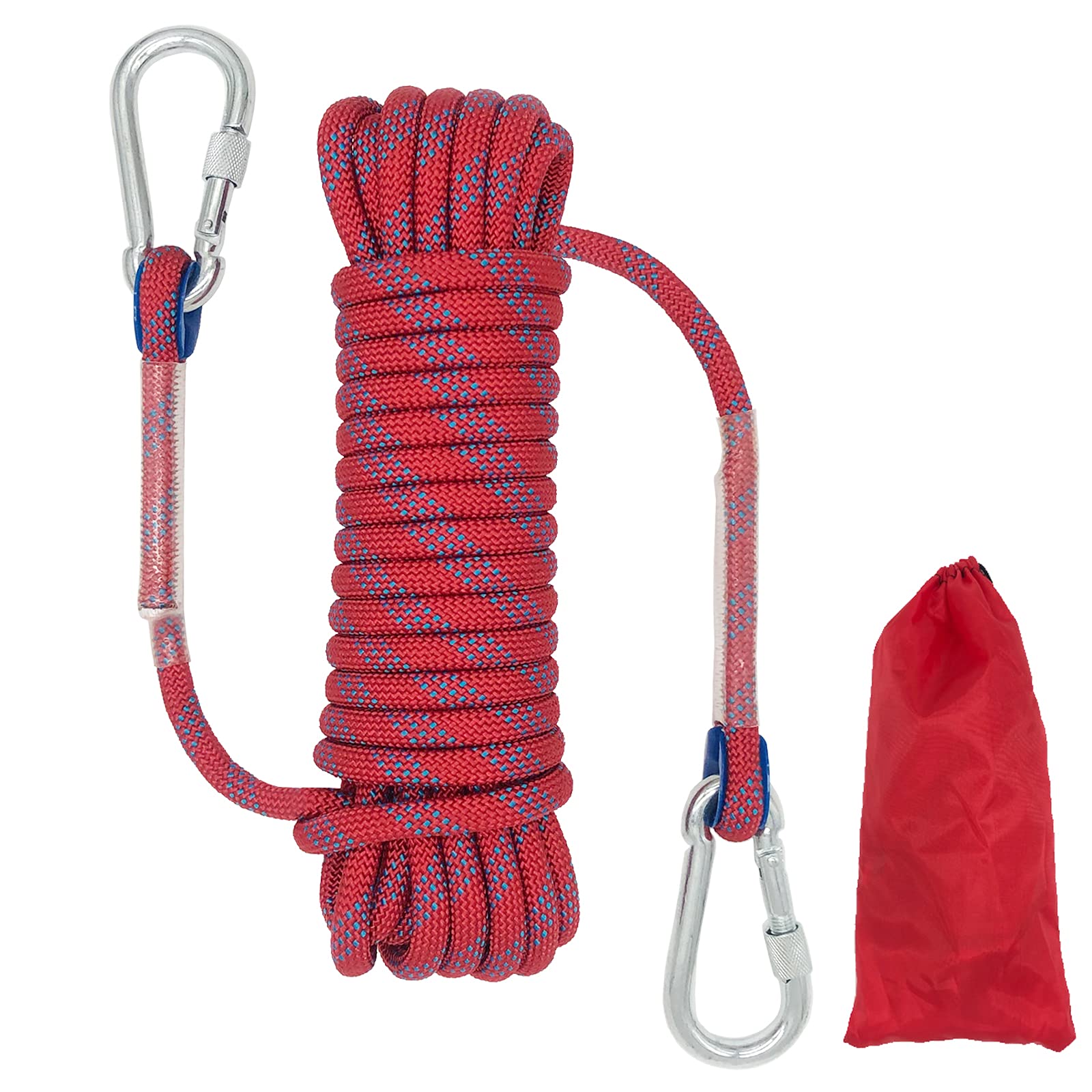 Climbing Rope, 10mm Outdoor Static Rock Climbing Cord, High Strength Safety Nylon Rope 2 Carabiner, for Escape, Fire Rescue, Camping, Dockside Mooring, Fixing, Red Length 10m