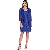 R&M Richards Women's Formal Cocktail Jacket Dress - Glitter Lace Dress W/Draped Chiffon Shrug & Embellished Jewel Neck