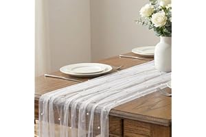 SUNRISING Pearl White Gauze Table Runner 120 Inch 10FT, Seasonal Sheer Dining Holiday Wedding Birthday Baby Shower Table Deco
