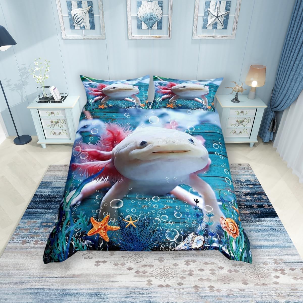 Cute Axolotl Duvet Cover Set Super King Size,Seaweed Coral Conch Comforter Cover with 2 Pillowcases Bedspread,Sea Creatures Theme Microfiber Quilt Cover for Adult Women, 3 Pieces