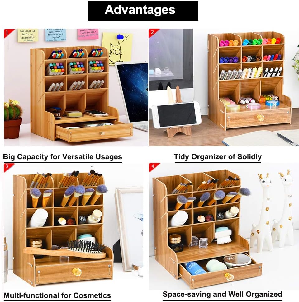 Marbrasse Wooden Desk Organizer, Multi-Functional DIY Pen Holder Box, Desktop Stationary, Easy Assembly, Home Office Supply Storage Rack with Drawer (B11-Cherry Color) : Office Products