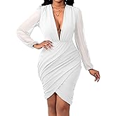 SeNight Women's Dress Sexy V Neck Dresses Bodycon Mesh Long Sleeve Breathable Mini Pencil Clubwear for Evening Party