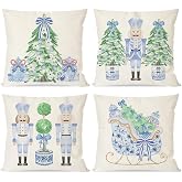 PANDICORN Christmas Blue and White Chinoiserie Throw Pillow Covers 18x18 | Nutcracker Sleigh Christmas Tree Bow Green Outdoor Grandmillennial Decorations Xmas Pillow Cases Set of 4 for Couch Decor