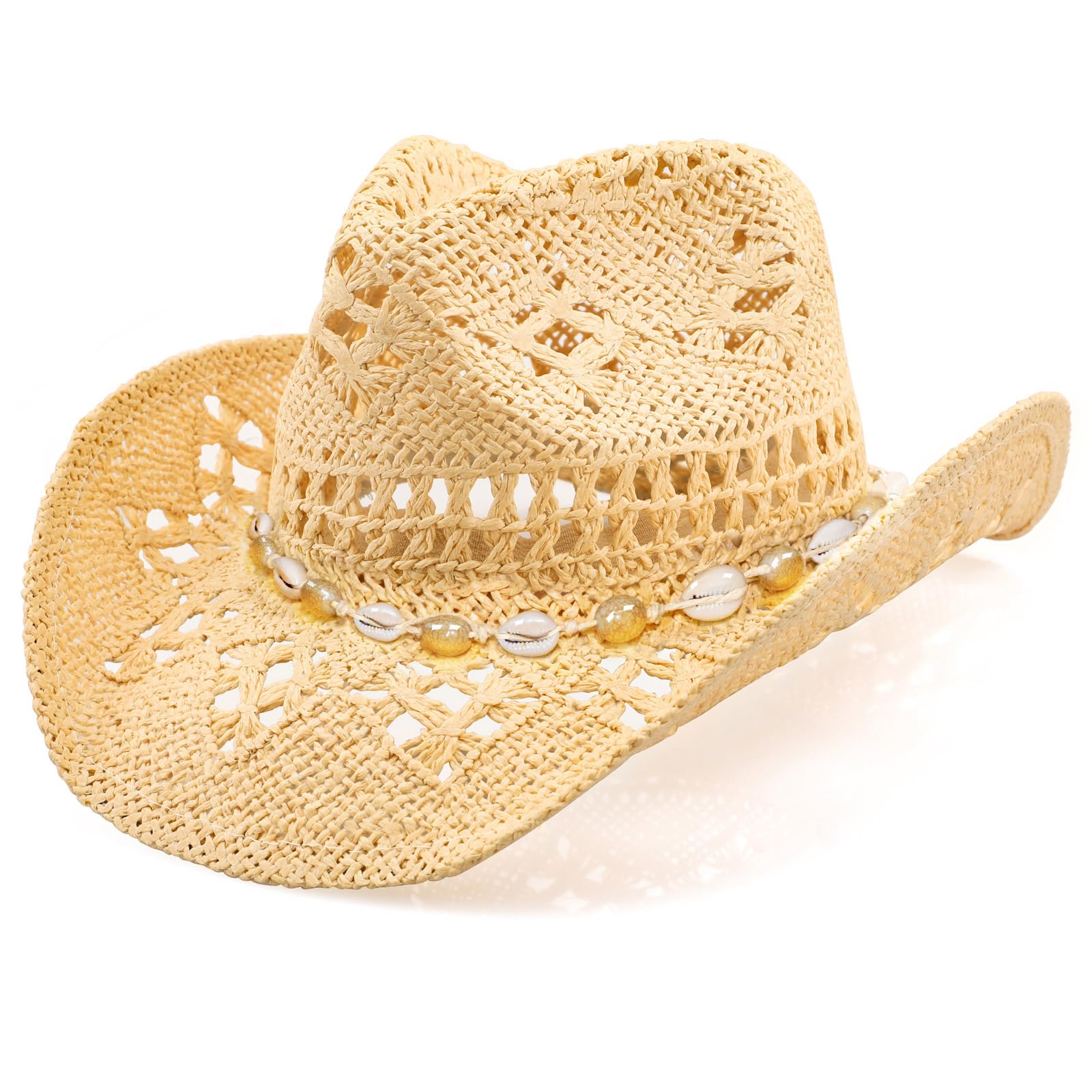 Photo 1 of WQWOVRVO Cowboy Hat,Cowgirl Hat,Cowboy Hats for Women/Mens/Straw Wide with Shapeable Brim Cowboy Hat for Womens/White/Black (Yellow and Shell)