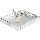 HofferRuffer Rectangle Serving Tray with Hole Handles for Coffee Table, Breakfast, Tea, Food, Butler - Countertop, Kitchen, Vanity Serve Tray, 16.2 x 12.2 x 2 inches, Faux Leather (Silver)