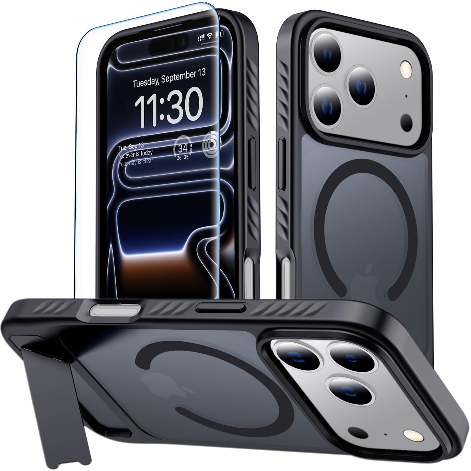 Photo 1 of MOZOTER for iPhone 17 Pro Max Case with Kickstand,[Compatible with MagSafe] [12FT Military Grade Protection] Slim Translucent Matte Shockproof Phone Case,6.9",Black