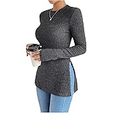 MakeMeChic Women's Long Sleeve Shirts Crew Neck Split Side Knit Loose Fit Lightweight Pullover Sweaters