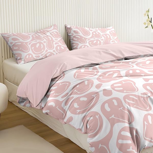 WATBRO KID’S DUVET COVER KING SIZE, RETRO HIPPIE BEDDDING SET, 3PCS SOFT MICROFIBER BEDDING SET WITH ZIPPER CLOSURE&CORNER TIES, GIRL BEDDING WITH PILLOWCASE – PINK, KING