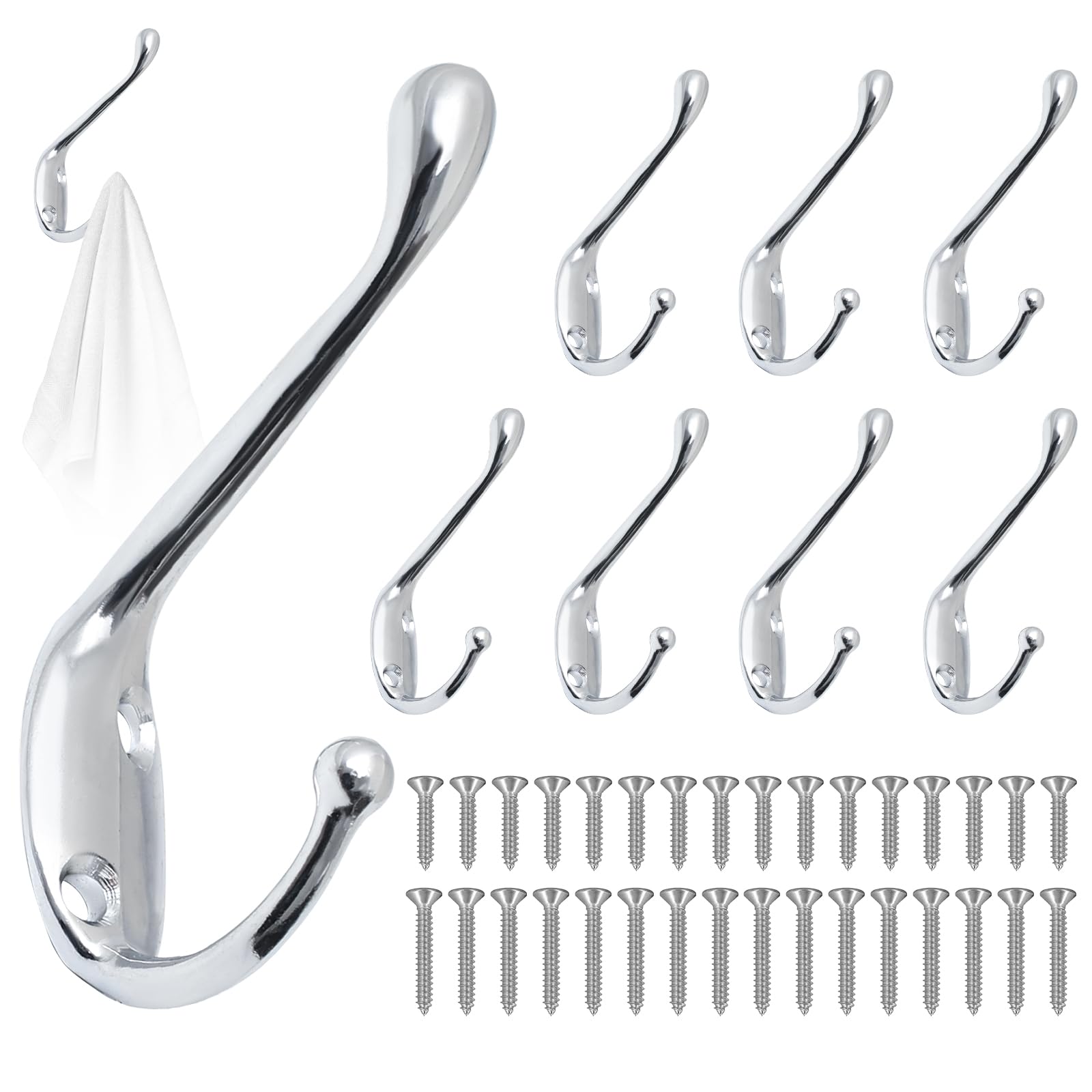 GOTRUST Sliver Coat Hook, 8pcs Vintage Metal Coat Hooks, Dual Door Hook Wall Mounted, Individual Towel Hooks with 32 Screws for Hanging, Bathroom Bedroom Fitting Room