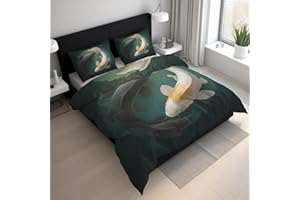 Japanese Koi Duvet Cover Queen Size, Yin Yang Koi Fish Bedding Set 3 pcs with 2 Pillow Covers, Asian Oriental Bedroom Decor, 