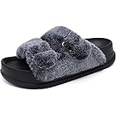 KuaiLu Women's Fluff Slippers Black Size 6, Plantar Fasciitis Arch Support Platform Slippers Ladies Fashion Open Toe Faux Fur Sliders House Slipper
