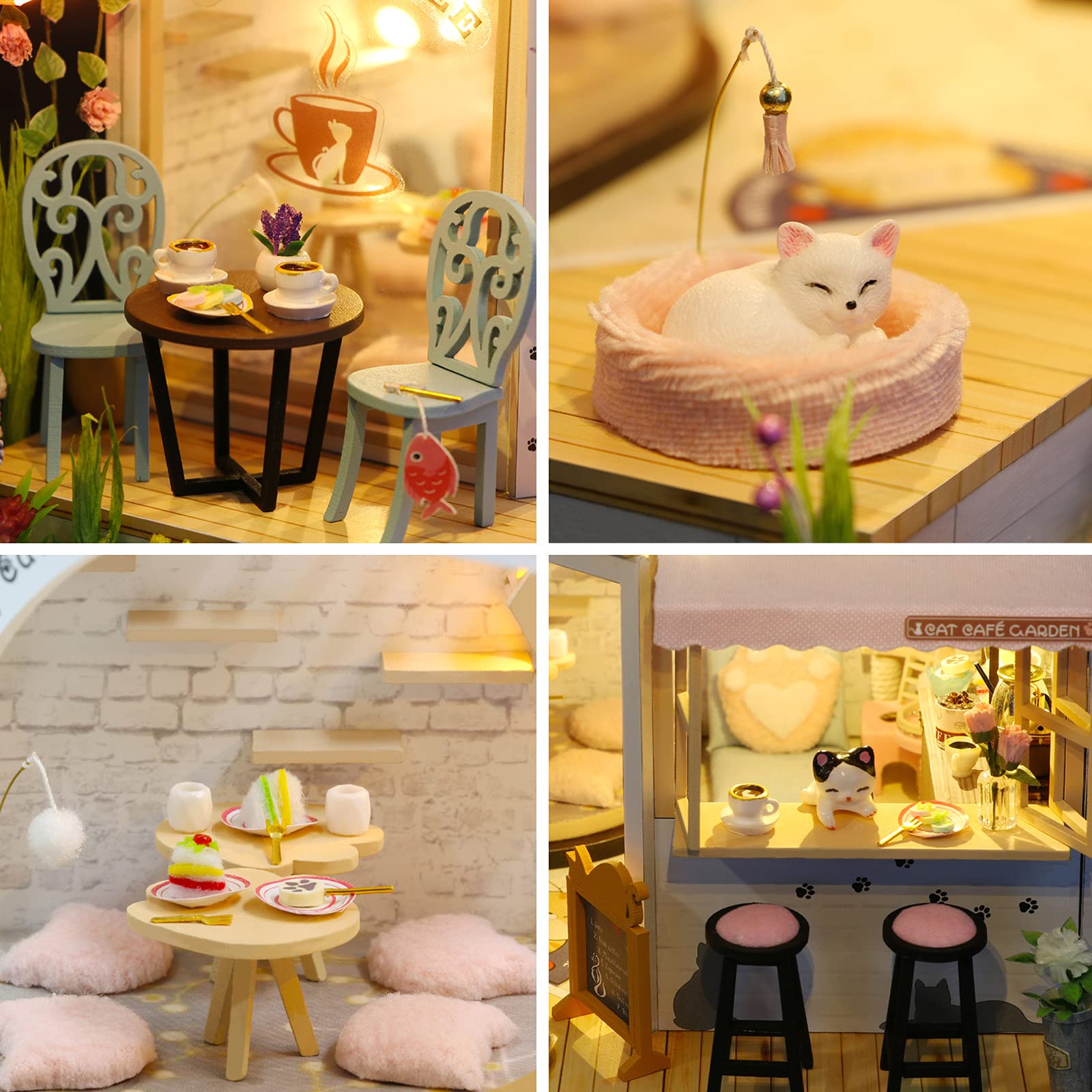 GuDoQi DIY Miniature Dollhouse Kit, Tiny House kit with Music, Miniature House Kit 1:24 Scale, Great Handmade Crafts Gift for Mother's Day Birthday Christmas Day,Lovely Cats' Coffee Shop