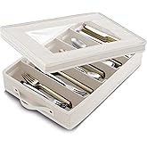 Flatware & Utensil Storage, Durable Silverware Storage Box with Padded Dividers, 5 Compartment Flatware Storage Case, Silverware Case with Handles, Protects and Organizes Cutlery, Cream