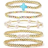 EQUBIO Gold Beaded Cross Bracelet for Women,14K Plated Adjustable Stackable Dainty Bracelets, Non Tarnish Fashion Jewelry Set Gifts for Women Birthday Friendship（Blue）