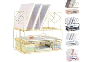 Becomrock Desk Organizers and Accessories, Office Supplies Desktop Organizer, Desk File Organizer with Sliding Drawer, Dual Tray and 5 Upright Section, File Folder Holder for Desk (Gold)
