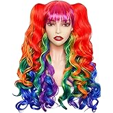 Gvhntk Rainbow Wig with 2 Curly Ponytails Long Curly Cosplay Wig Detachable Pigtails Wigs for Women Halloween Costume Party