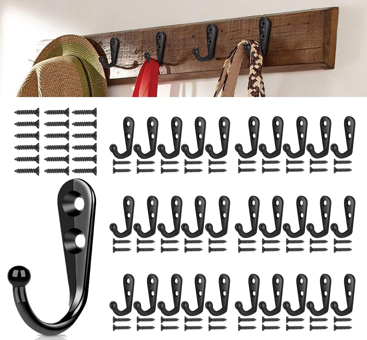 QINGHEC 30 Pcs Small Wall Mounted Coat Hook, Key Hooks Robe Hooks Cloth Hanger Coat Hooks Rustic Hooks with 60 Screws for Bath Kitchen Garage Single Coat Hanging-Black