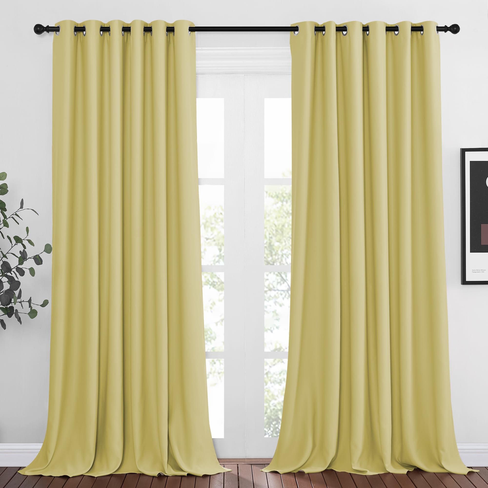 NICETOWN Bedroom Room Darkening Curtains 95 inch Length - Triple Weave Energy Saving Thermal Insulated Solid Grommet Room Darkening Draperies for Patio/Hall (1 Pair, 80 inches Wide, Paler Yellow) Image