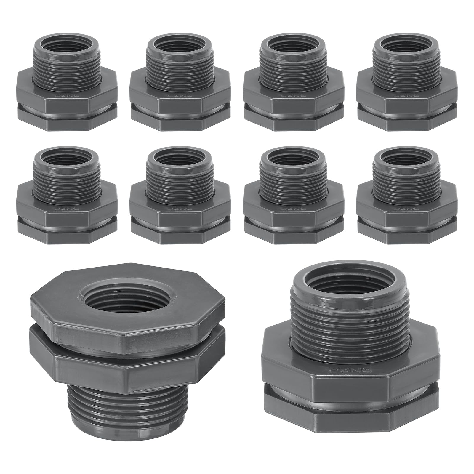PATIKIL PVC Bulkhead Fitting 1" Female, 10 Pcs Double Threaded Bulkhead Water Tank Connector with Silicone Seal Gasket for Rain Bucket, Sinks, Aquariums, Gray
