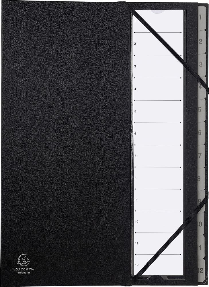 Exacompta - Ref 56012E - Harmonika Multipart File - 235 x 335mm in Size, Suitable for Storing A4 Documents, 225gsm Genuine Pressboard, Expanding Spine, 12 Sections (Numbered 1-12) - Black