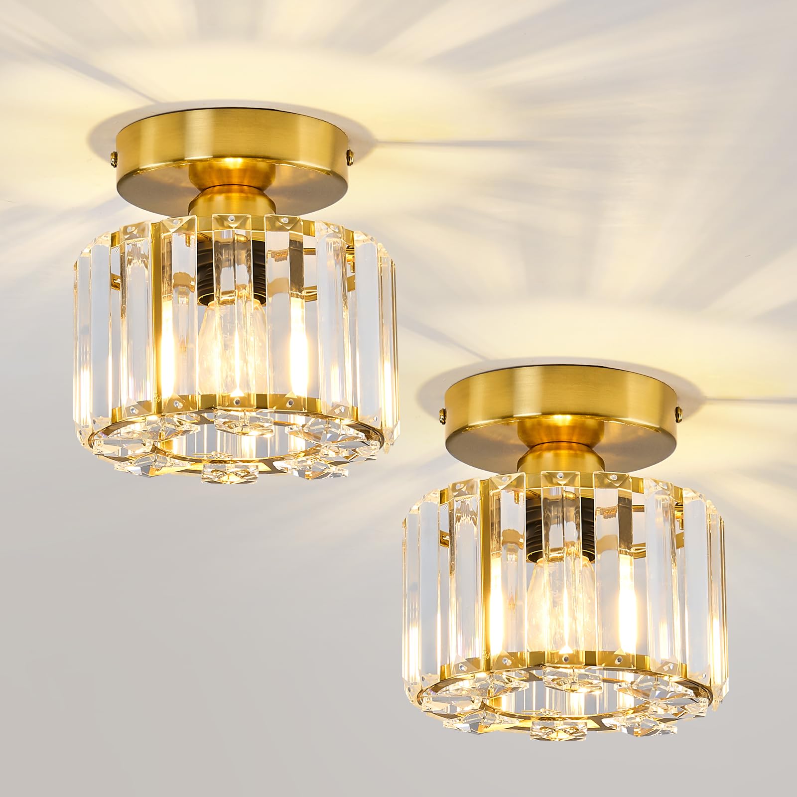 Photo 1 of Piepooye 2 Pack Small Crystal Semi Flush Mount Ceiling Light Fixture Modern Gold Mini Round Chandelier Metal E26 Ceiling Lamp for Hallway Bathroom Entryway Kitchen Closet