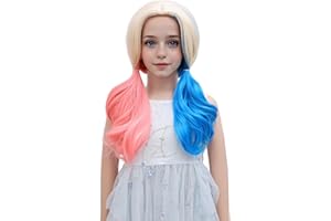 MEDO Pink and Blue Wig Kids Child Wig Short Wavy Curly Clown Girl Synthetic Girls Cosplay Halloween Party Costume (Pink and Blue)