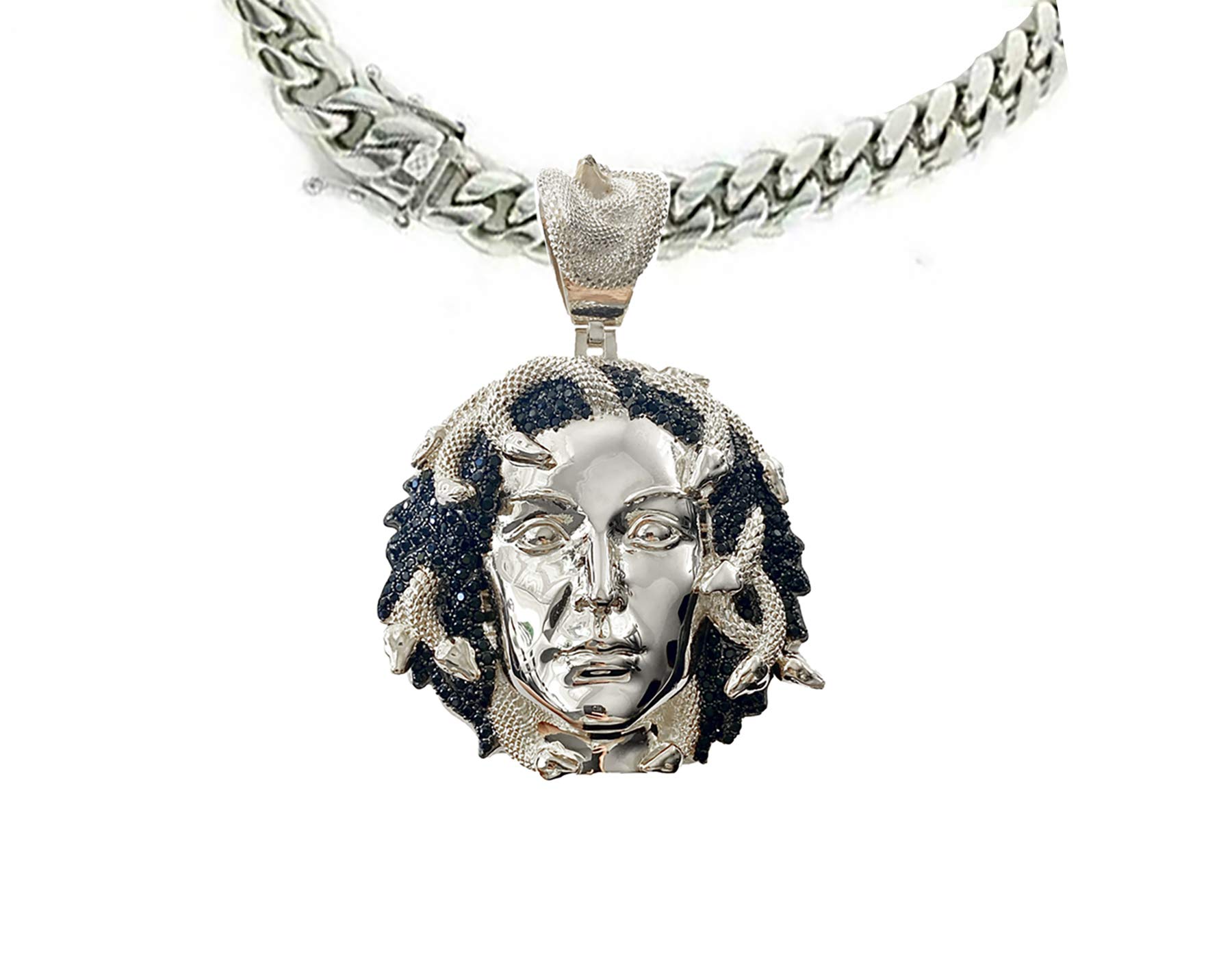 Mens 14k White Gold Finish Money Greek God Mythology Medusa Snake Head Choker Chain 8mm Wide, 14k Mi