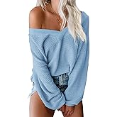 ReachMe Womens Oversized Off The Shoulder Tops Long Sleeve Waffle Knit Shirt Drop Shoulder Sweater Top