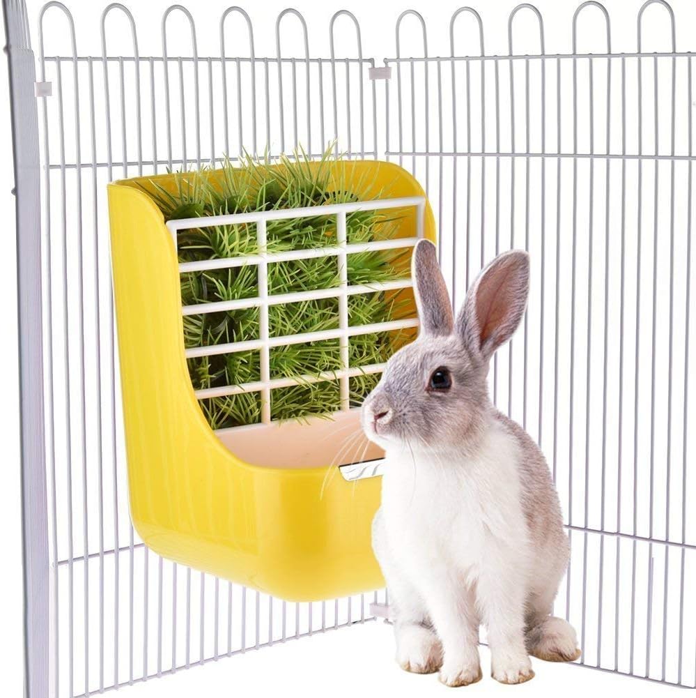 2 in 1 Food Hay Feeder for Guinea Pig, Rabbit Feeder, Indoor Hay Feeder for Guinea Pig, Rabbit, Chinchilla, Feeder Bowls Use for Grass & Food (Yellow)