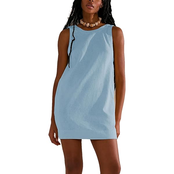 Megfie Womens Summer Sleeveless Open Back Dress 2026 Vacation Outfits  Casual Beach Cotton Linen Mini Dress Lightblue at Amazon Women's Clothing  store