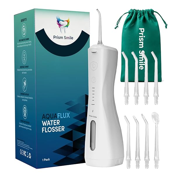 PRISM SMILE CORDLESS WATER FLOSSER, 6 ADJUSTABLE PRESSURE MODES, 240ML LARGE TANK, IPX7 WATERPROOF, 8 REPLACEABLE NOZZLES, FOR ORTHODONTIC, BRACES, SENSITIVE GUMS