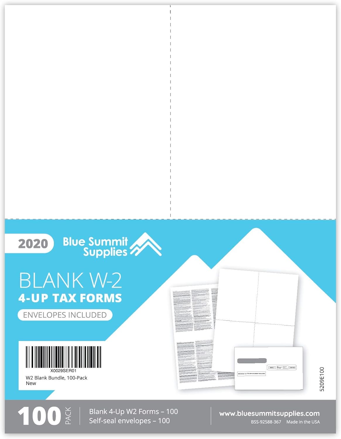 Blank 2020 W2 4 Up Tax Forms, 100 Employee Sets, Compatible with QuickBooks Online, Ideal for E-Filing, Works with Laser or Inkjet Printers, 100 Sheets and 100 Self Seal Envelopes : Office Products