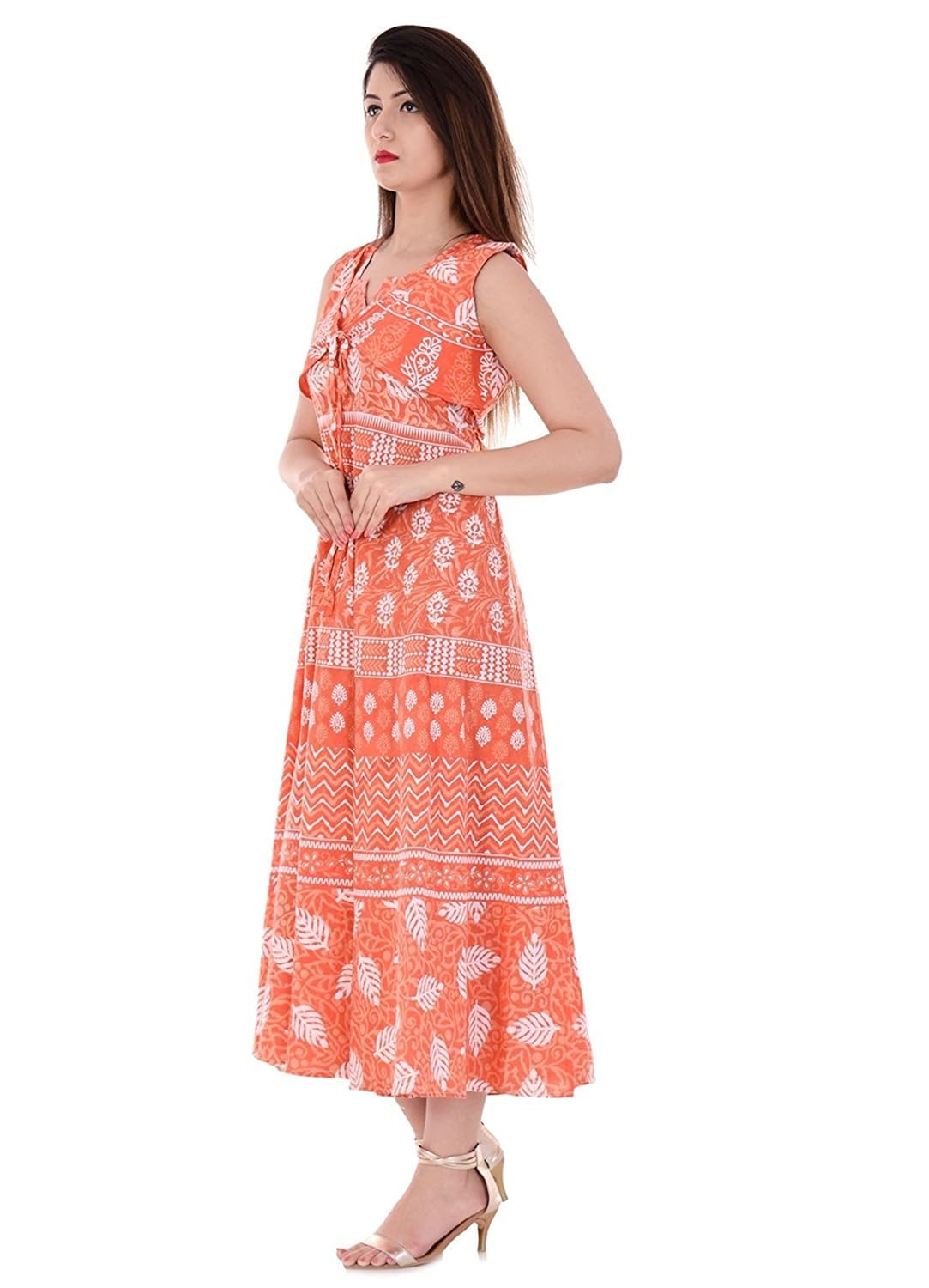 sampat enterprises women's cotton jaipuri floral printed maxi dress(a_orange_xxxxxs)