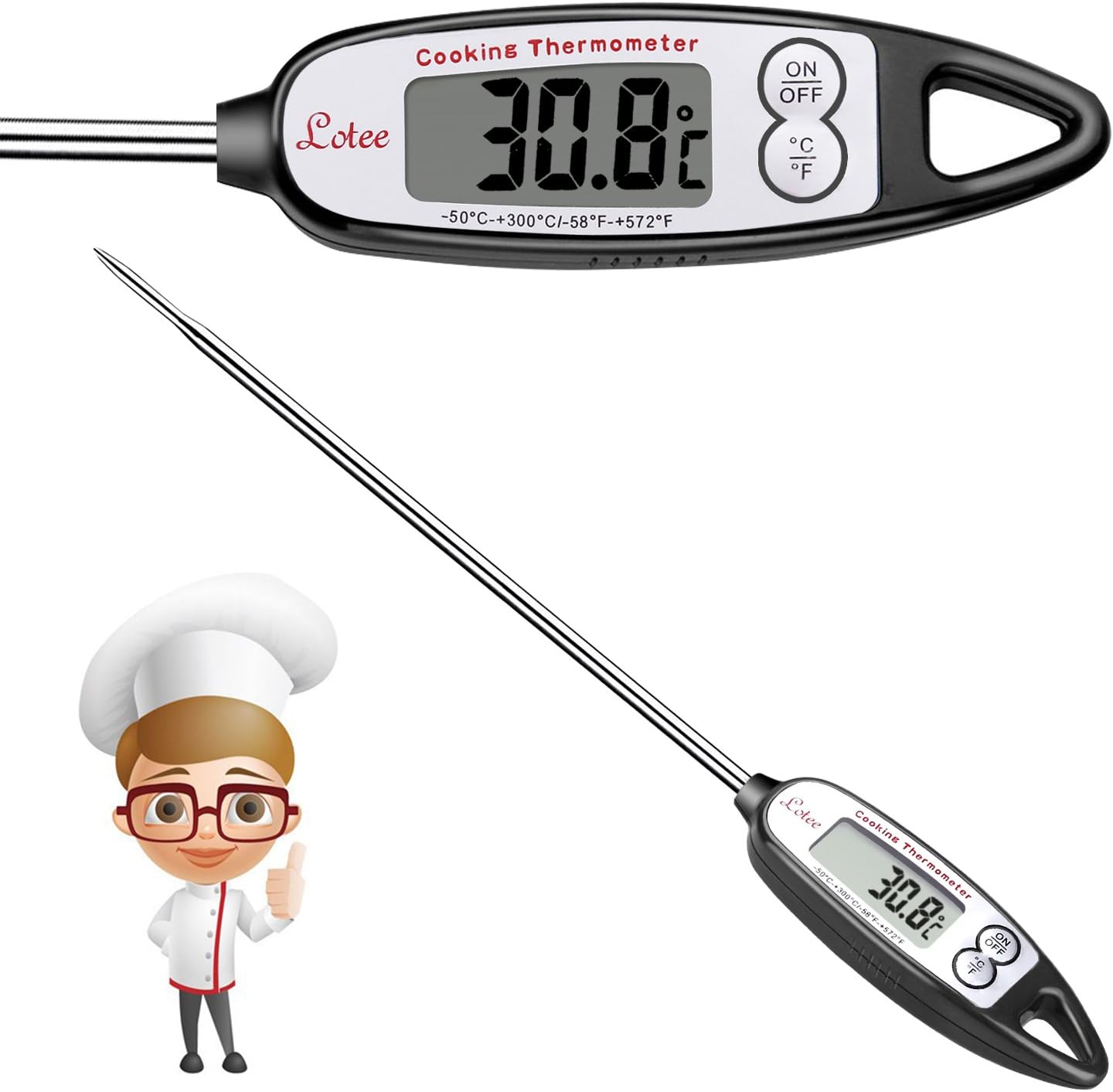 Lotee Instant Read Thermometer - Best Digital Cooking, Meat, Kitchen, Food, Candy, Water, Grill Thermometer with LCD Screen - Long Probe - Auto Shutdown